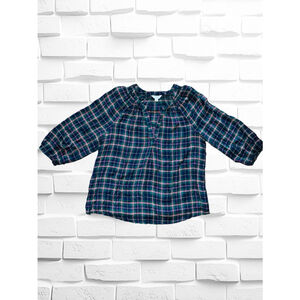 Crown & Ivy Women’s Large Green Tartan Plaid 3/4 Sleeve Blouse • Elastic Cuffs